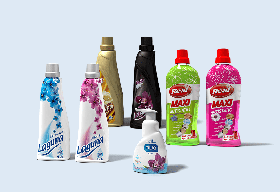 Packaging of fabric softeners, soaps and cleaning agents